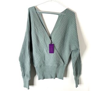 Lascana Ribbed Green Wrap Plunge V Neck Sweater NWT